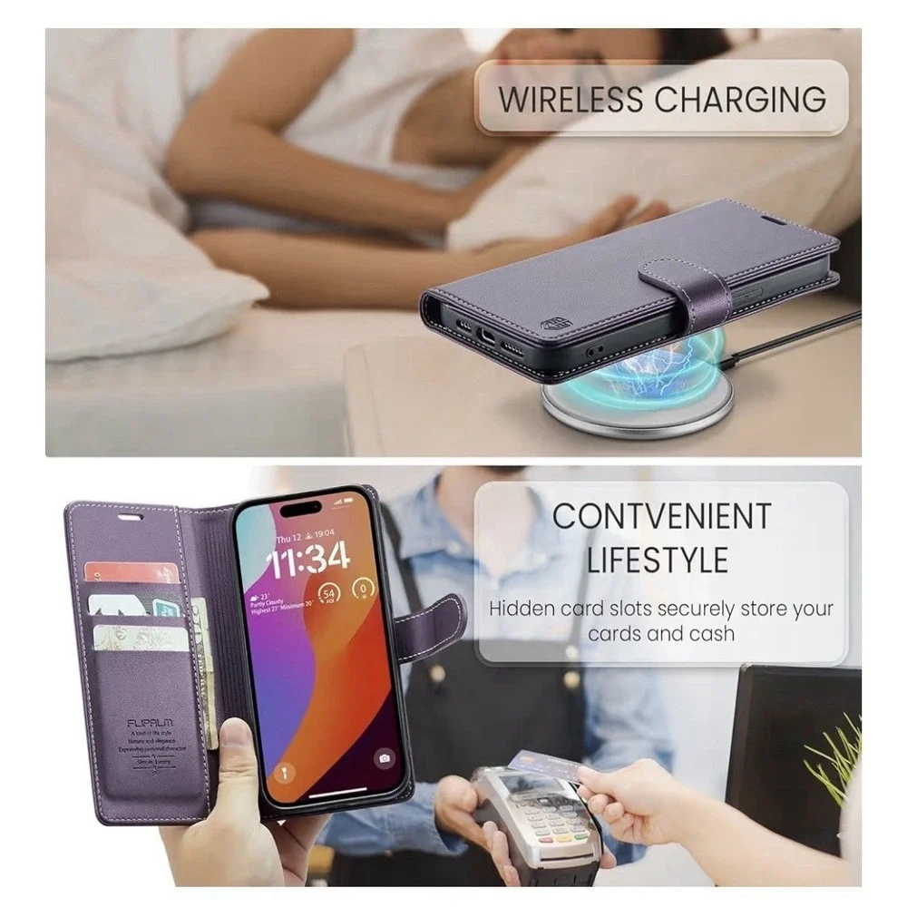 💜 Wallet Case for iPhone 15 Pro Max – Purple (RFID + Kickstand) 💜